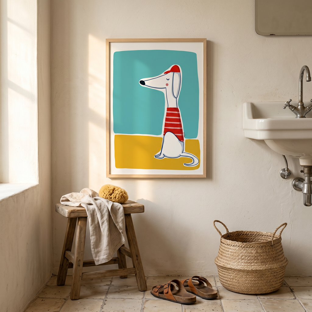 Lámina Summer Dog en baño con estilo veraniego